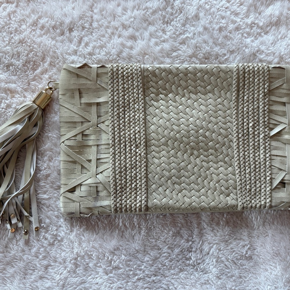 Crown Vintage Cream Leather-Like Clutch with Tassels
